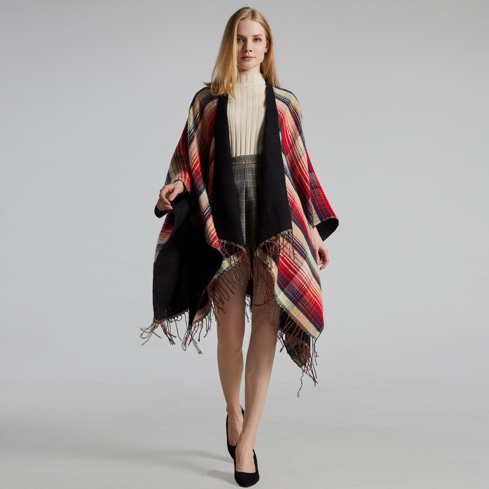Schotse Klassieke Kleur Herfst Winter Plaid Cape Cape Met Kasjmier Kwastje En Warm Split Vrouwen Sjaal