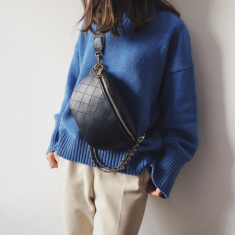 Vintage Ladies PU Leather Shoulder Bags Chains Waist Purse Plaid All-match Women's Chest Bags