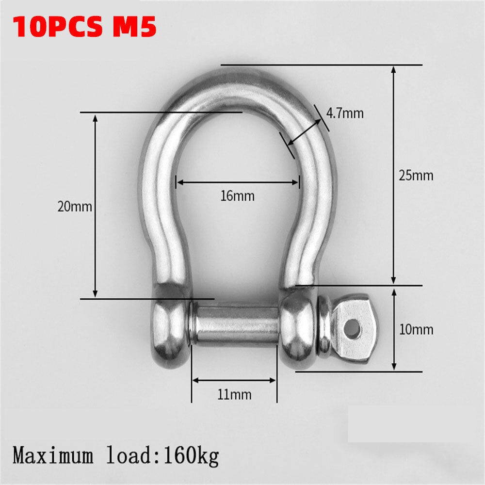 M4-M12 100% A2 Stainless Steel 304 D-type Dee Shackle Antirust D Shackle SUS 304 M4-M12 Dee Shackle: 10PCS M5