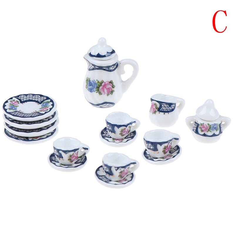 4 patronen 1:12 Miniatuur 15Pcs Porseleinen Kopje Thee Set Sits Bloem Servies Keuken Poppenhuis Meubels Speelgoed Voor Kinderen: C