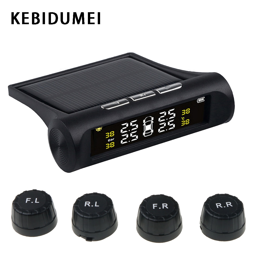 Kebidumei smart car tpms lcd display alarm dæktryk monitor soloplader med 4 ekstern sensor auto sikkerhedssystem