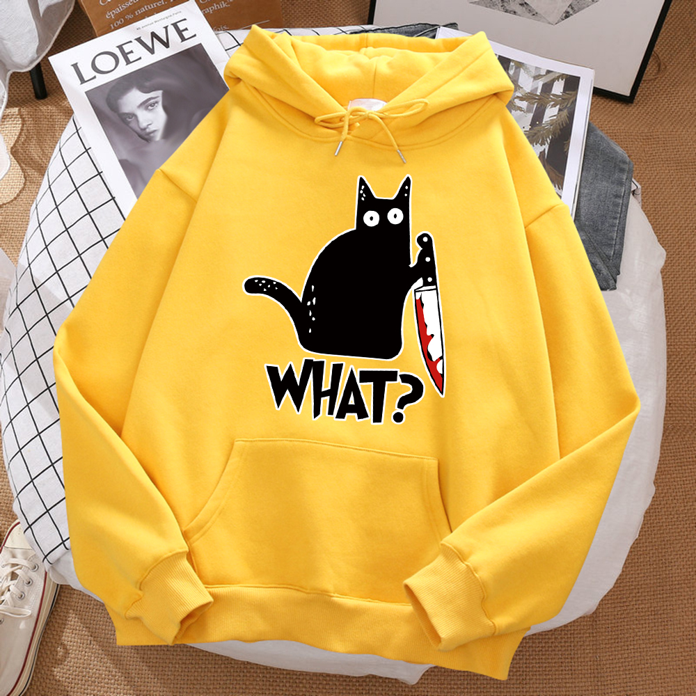 Que lindo pequeño gato negro sosteniendo un cuchillo hombres Sudadera con capucha calle polar Sudadera con capucha Hipster otoño sudadera Hip Hop ropa mujer