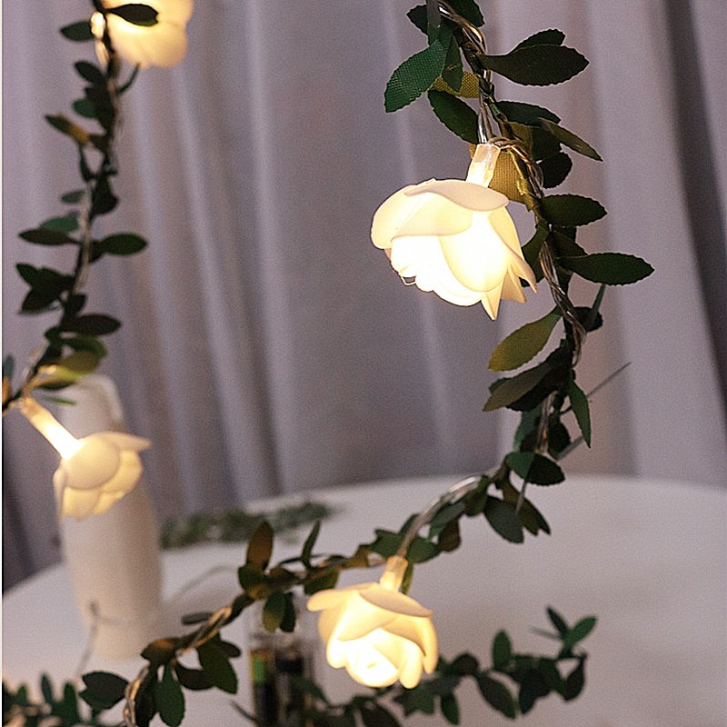 1.5m 3m 6m rose flower vine led string lys batteri/usb drevet grøn blad guirlande lampe til valentinsdag bryllup jul