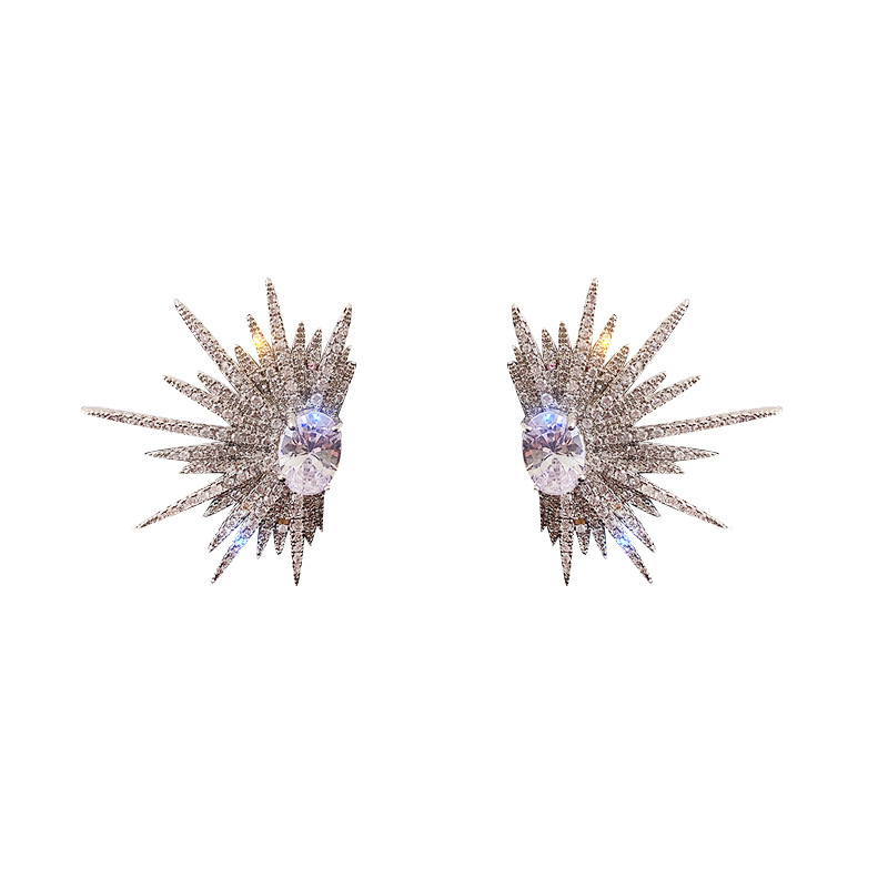 Luxe zilverkleurige oorbellen met grote plant en glinsterende zirkonia steentjes, geschikt voor dames, koreaanse oorbellen.