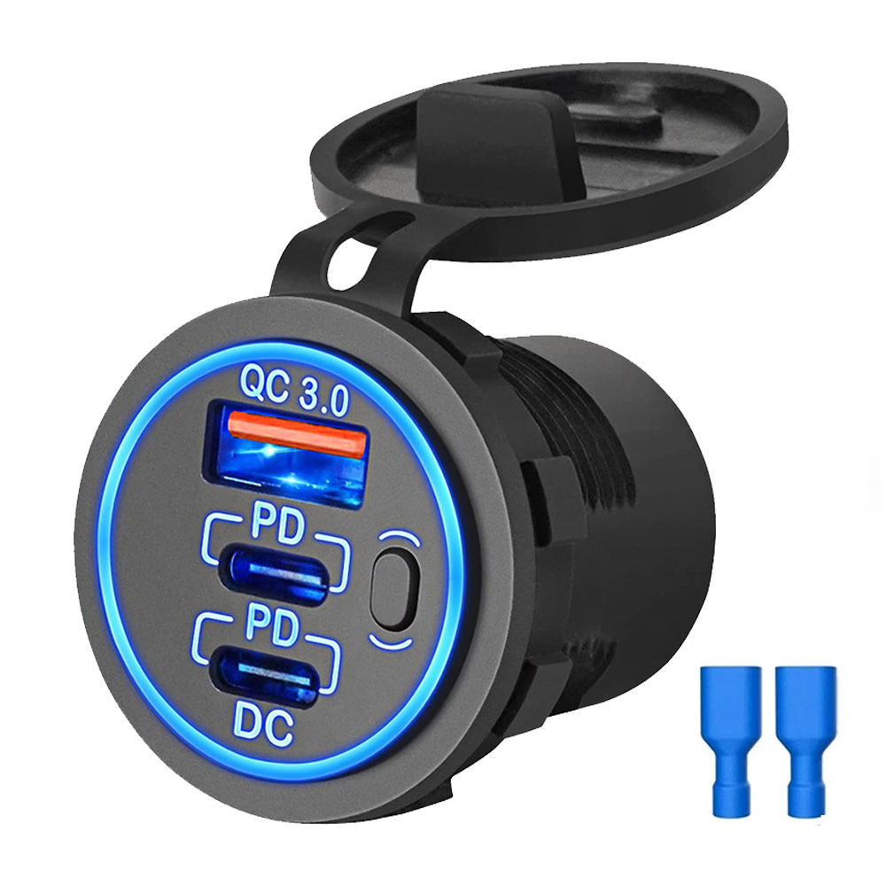 Enchufe de cargador de coche USB de 12V, doble puerto de 30W PD USB-C USB-C y 18W QC3.0, accesorios de cargador de coche para coche, RV, barco, camión marino y motocicleta: Azul