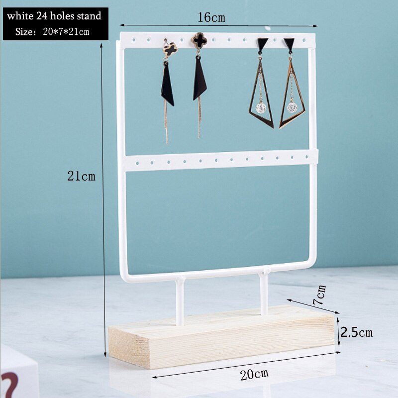 Earrings Stand Jewelry Display Earrings Holder Jewellery Storage Wooden Base Metal Ear Studs Pendant Rack: white 24 holes