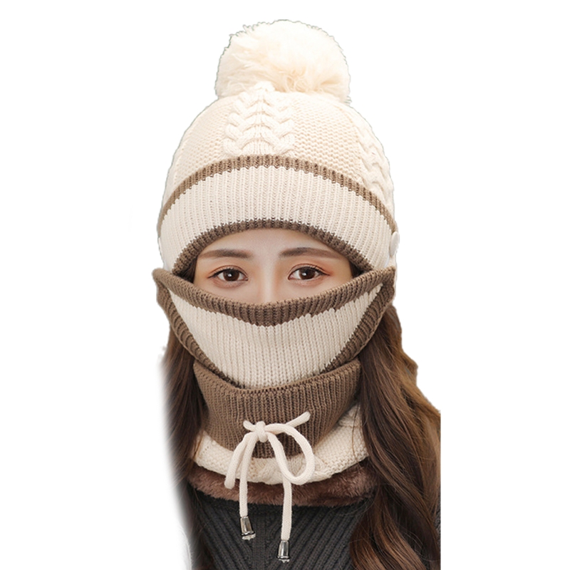 Bonnet 3 en 1 pour femmes, bonnet, chapeau, écharpe circulaire, ensemble de couverture faciale, peluche épaisse doublée, tricot épais, pompon, casquette de cyclisme, cache-cou