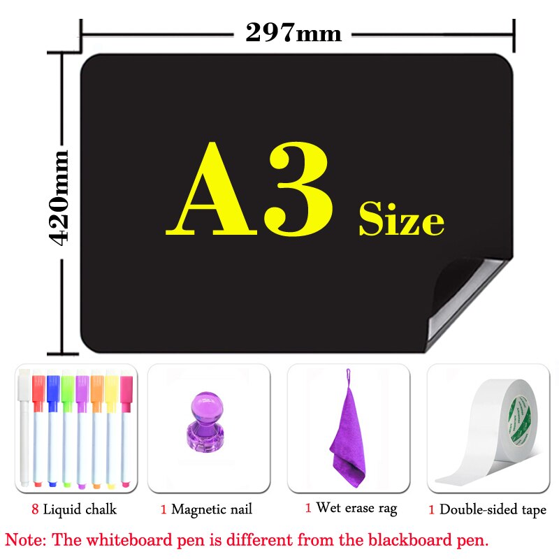 A3 Size Magnetic Bulletin Wall Board Blackboard Chalkboards Whiteboard Fridge Sticker Drawing Message Board Dust-free Liquid Pen: BKA2-8Pen1Rag1T1D