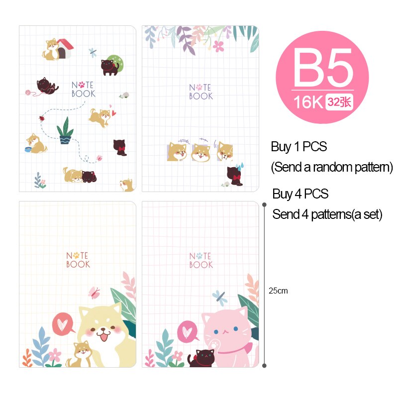 1pcs B5 Cute Stationery Cute Notebook Set Simple Small Fresh Girl Personality Diary Card School office Supplies: Dogs and cats random