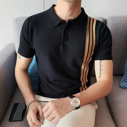 British Style Summer New Striped Polos Shirt Men Stretch Slim FitKnit Tees Streetwear 2022 Short Sleeved Business Casual T-Shirt: Black / Asian 2XL 67-74KG