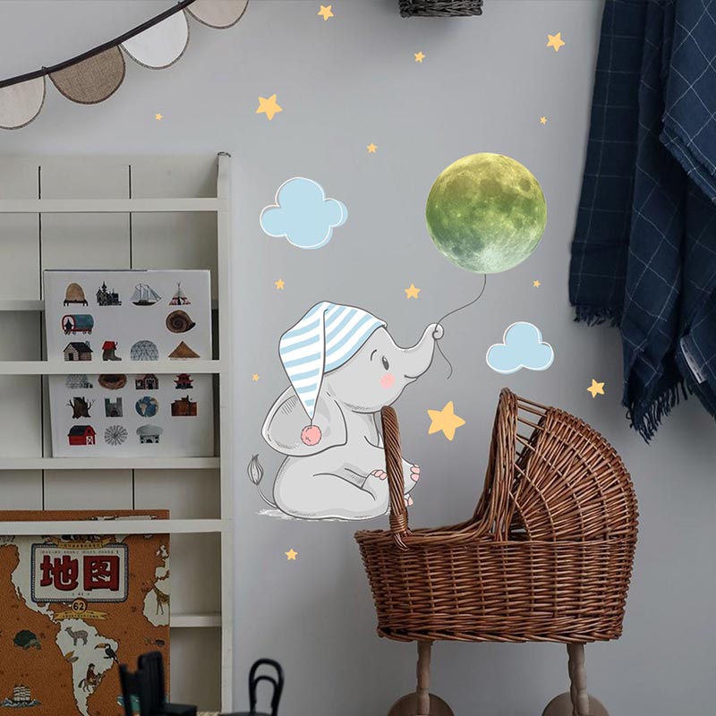 Baby Elephant Luminous Wall Sticker Home Decoration Accessories Kawaii Room Decor Wallpaper Glow In The Night Bedroom Decals