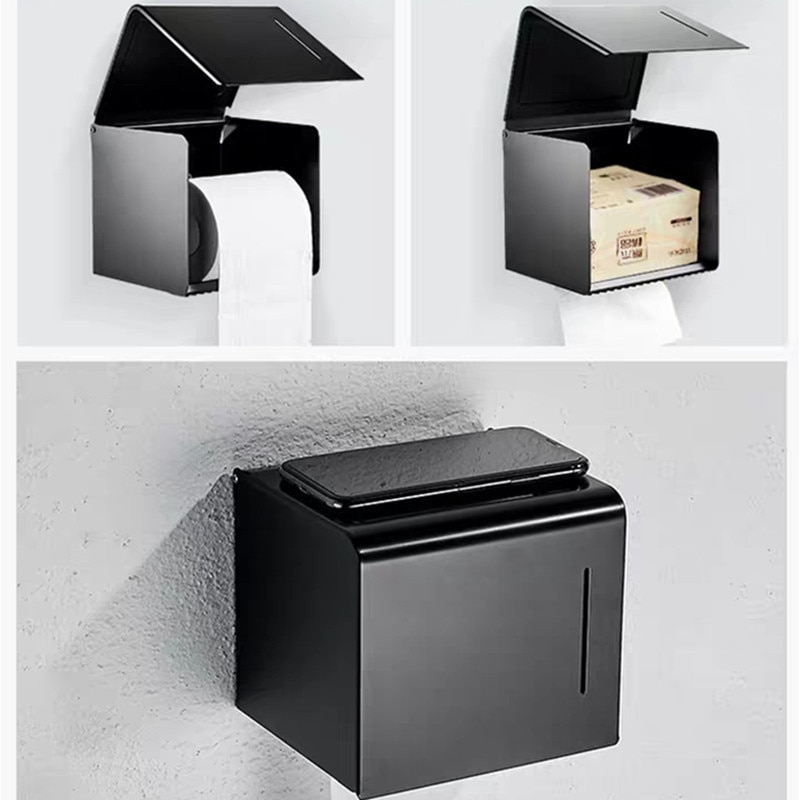Toiletpapirholder mat sort sort aluminiumsrullepapir vægmonteret mobiltelefon rack papirhåndklædeholder toiletpapirboks