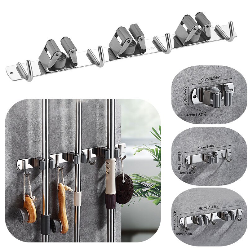 Stainless Steel Mop Holder Wall Hook Punch-free Strong Glue Wall Mounted Mop Organizer Holder Brush Broom Hanger