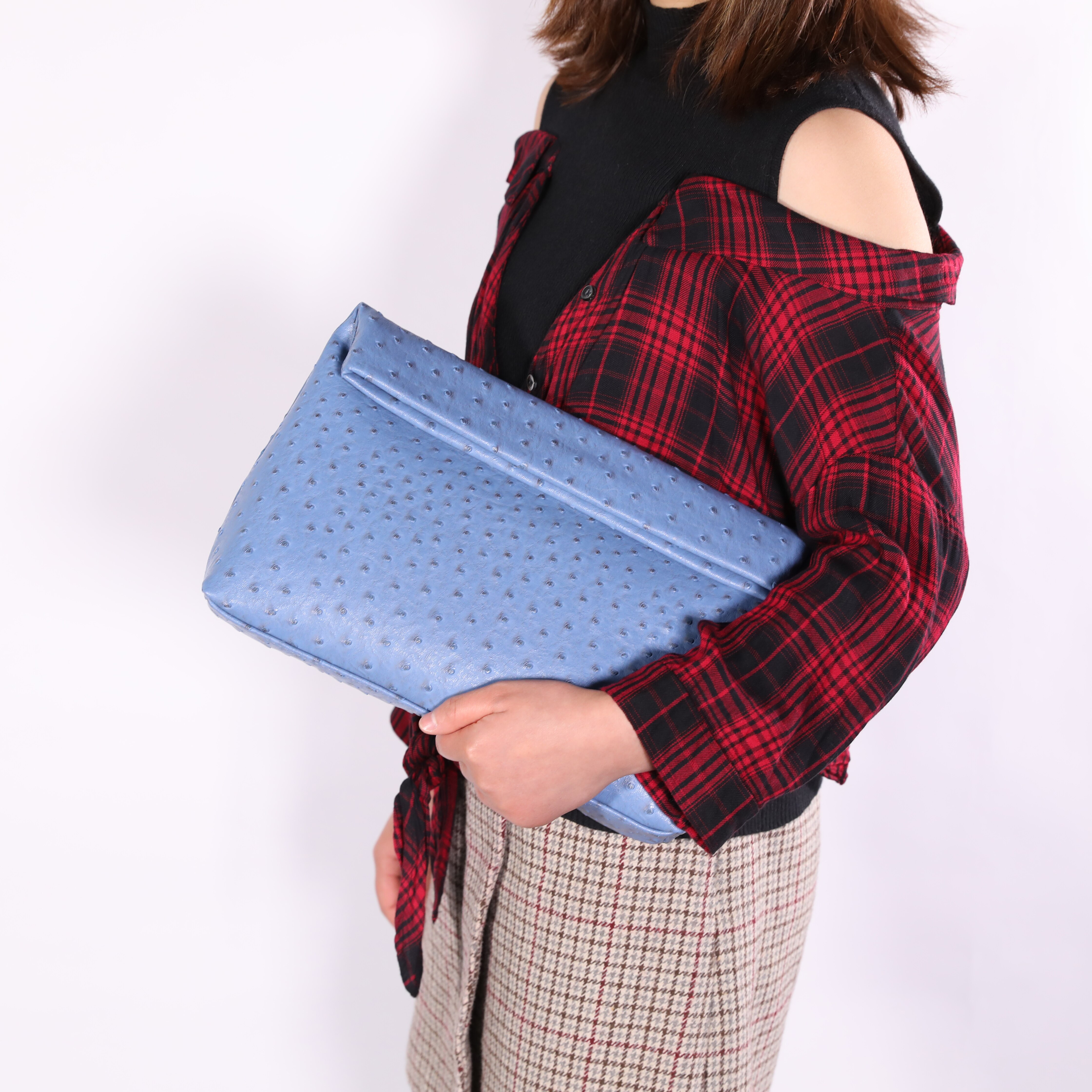 Tophigh Mode Vrouwen Loved Struisvogel Lederen Dag Clutch Bags Ins Handtas Python Pouch Koppelingen Dames Avondfeest: Ostrich Sky Blue