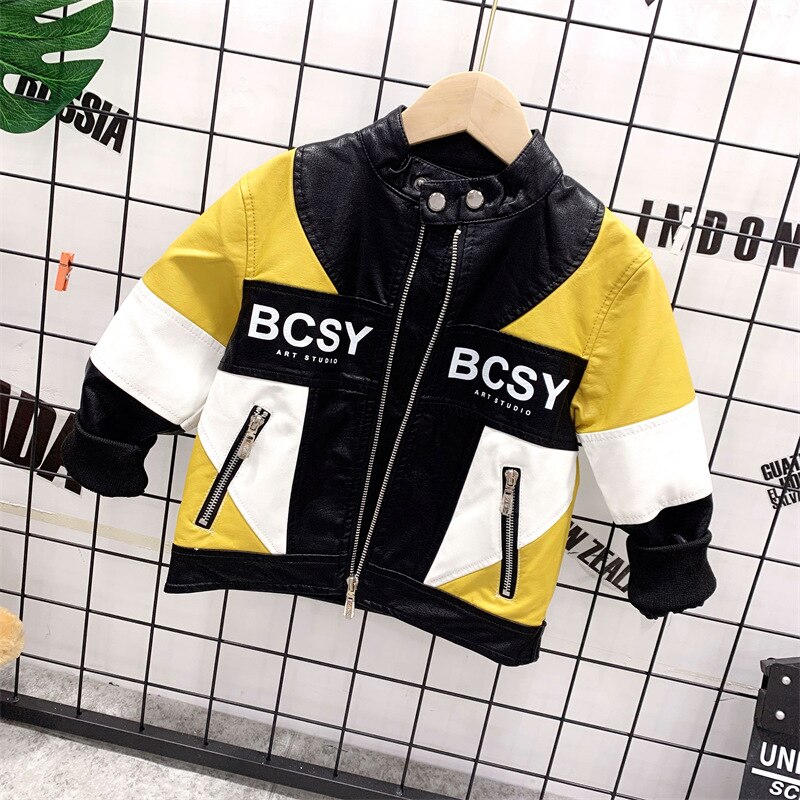 Boys PU jacket Spring Autumn children's Motorcycle leather 2-7 years old Color Matching zipper boys coat cool