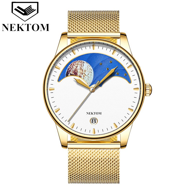 Nektom Echt Mesh Riem Heren Quartz Horloge Ultra-Dunne Kalender Waterdichte Student Paar Horloge: Black