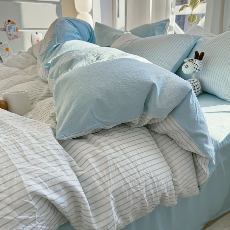 Gestreifte Bettwäsche-einstellen aus reiner Baumwolle für Heimtextilien, einfaches weiches Bettbezug-Bettlaken, Kissenbezug, eins-Stil, Bettwäsche, Königin-Größe-Größe 2025,: König / Blau