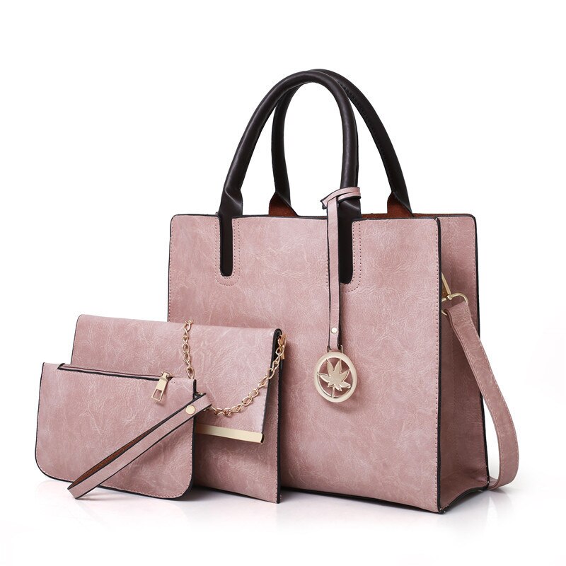 3 stk dametaskesæt pu læder dame håndtaske ensfarvet messenger bag skuldertaske pung tasker til kvinder: Lyserød