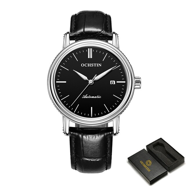 Ochstin Heren Horloges Mechanische Automatische Lederen Nylon Band Zakelijke Auto Datum Man Dress Horloge Waterdicht Mode Klok: silver blackL