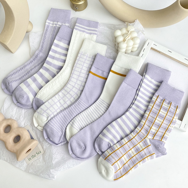 Stil bomullsstrumpor #39 bomull harajuku dam vintage lila rutiga strumpor ränder galler tubstrumpa sox