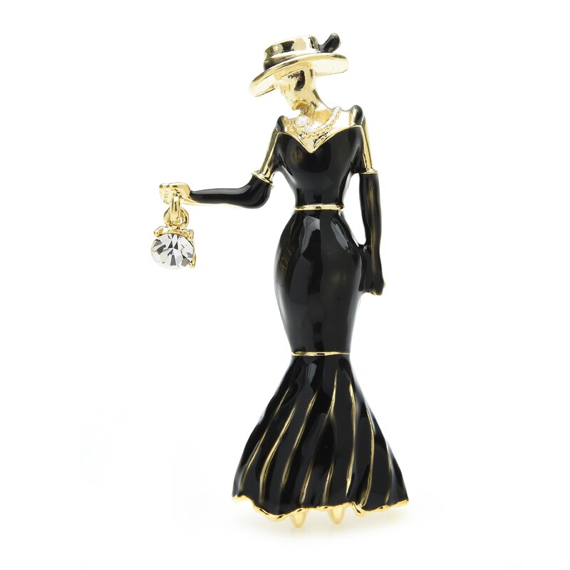 Wuli & baby Rot Emaille Kleid Dame Broschen Für Frauen Tragen Hut Tragen Tasche Schönheit Frauen Figur Casual Büro Brosche pins: black
