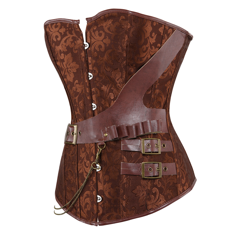 Women&#39;s Leather Corset Steampunk Woman Gothic Plus Size Pirate Corset Sexy Overbust Vintage Brown Bustier Lace Up Corset Top