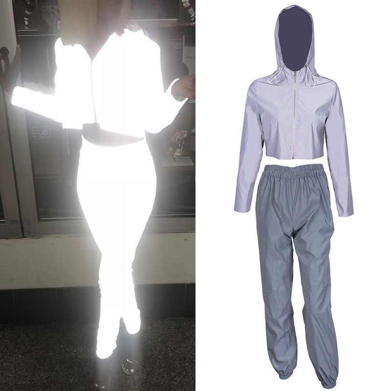 Chaqueta reflectante flash para mujer, Sudadera con capucha informal, pantalones para correr, ropa de calle firme, color gris, otoño e invierno,