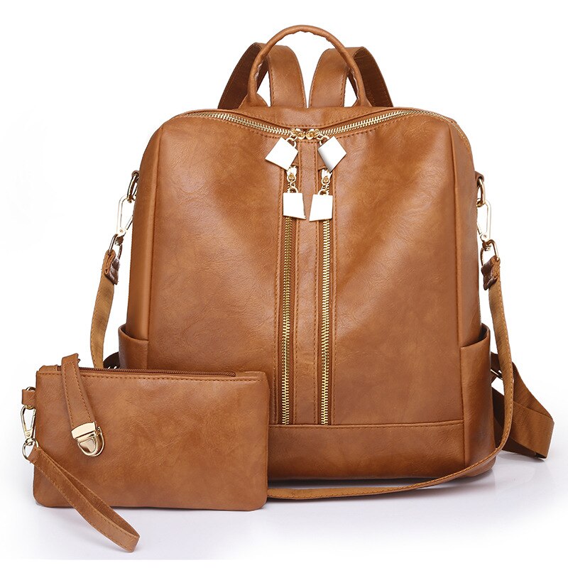 DIDA BEAR-Mochila de cuero para mujer, morral escolar grande, de viaje, Color caramelo con monedero: Castaño