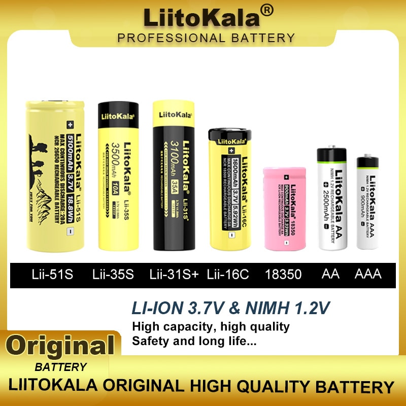 Liitokala lii -51s lii -35s lii -31s lii -16c 3.7v 18500 26650 18650 18350 aa aaa 1.2v nimh genopladeligt lithiumbatteri
