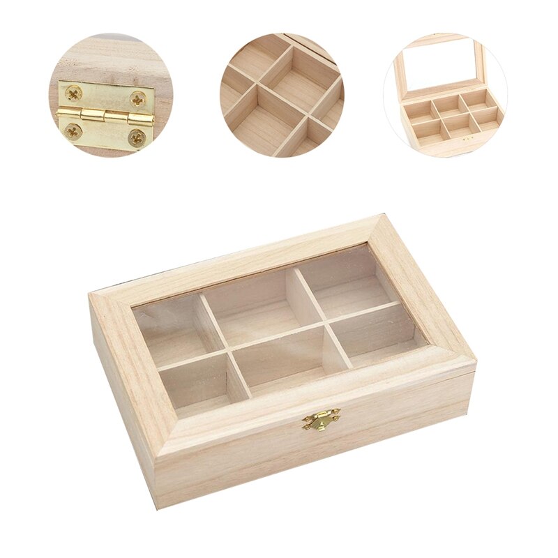 --6 Compartments Tea Box Natural Wood Tea Bag Durable Jewelry Organizer Storage Box Wood Sugar Boxes Packet Contai