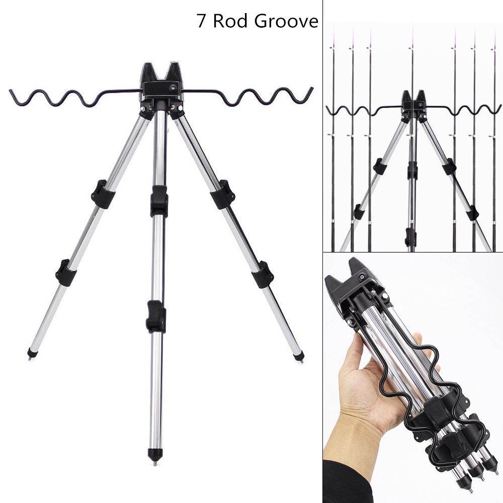 Aluminum Alloy Telescopic 5 / 7 Groove Fishing Rod Holder Portable Collapsible Tripod Stand Sea Fishing Pole Bracket: D Type-Silver