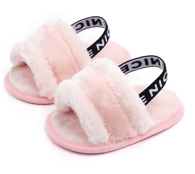 Baby Slipper First Walkers Baby Girls Boys Fuzzy Soft Crib Shoes Letter Elastic Band Solid Crib Pram Prewalker: Pink / 7-12 Months