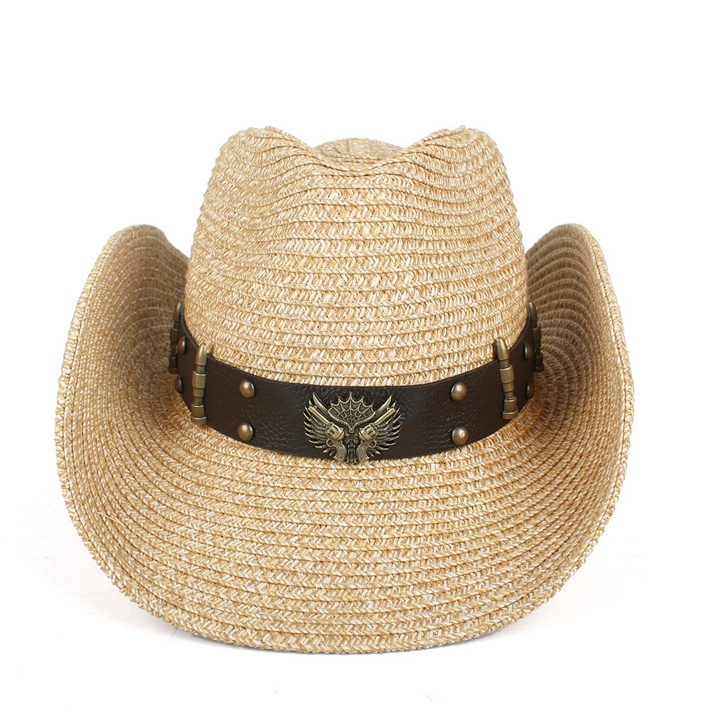 Kvinner menn halm hul vestlig cowboyhatt dame pappa sommer punk belte sombrero hombre Strand cowgirl jazz solhatt str 57-59cm: kaki