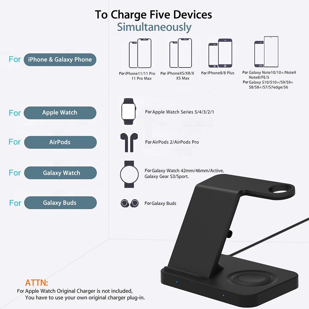 5 in 1 kabellos Ladegerät Bahnhof Für Samsung Galaxis Uhr Getriebe S3 Qi Schnelle Ladung Dock für Apfel iWatch AirPods 2 Profi iPhone 11
