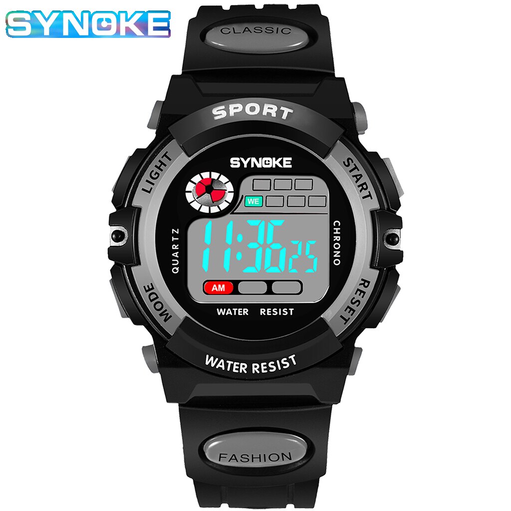 SYNOKE Student Kids Digitaal Horloge Sport Waterdicht Jongen Elektronisch Horloge Schokbestendig Multifunctioneel Lichtgevende Mode: GRIJS