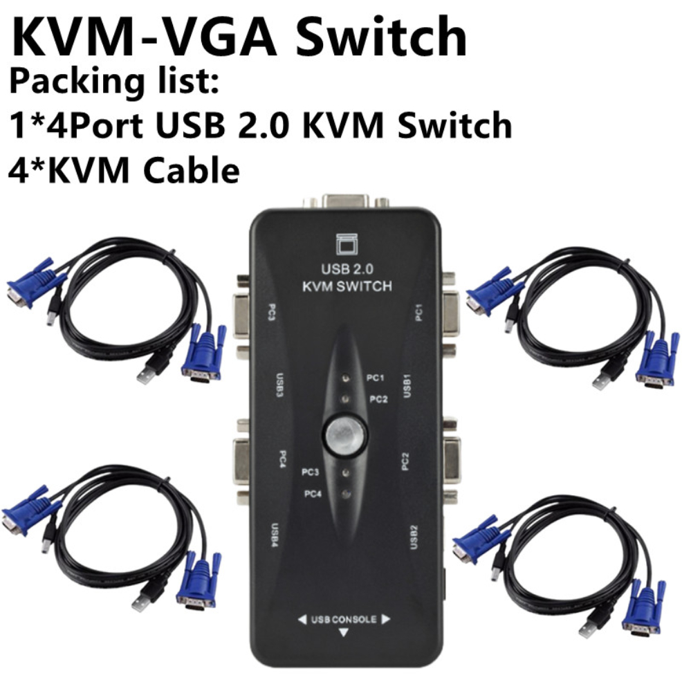 USB KVM Switch Switcher 4 Port VGA SVGA Switch Splitter 1920*1440 VGA Video Switch For USB device Keyboard Mouse Monitor Adapter: Gold