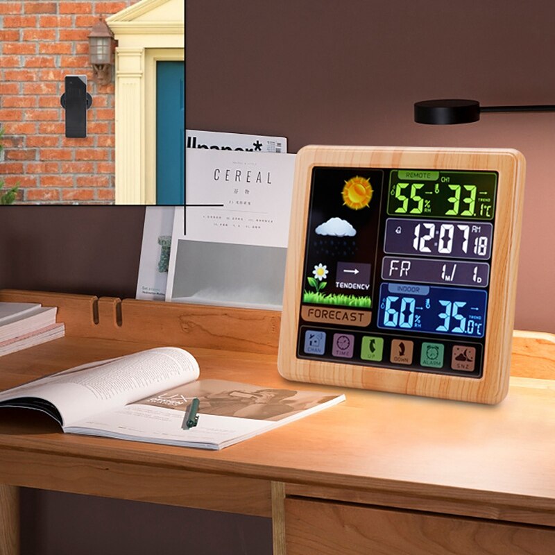 Wood Wireless Weather Station, Indoor Outdoor Thermometer Hygrometer with Sensor, Digital Alarm Clock,Weather Forecast