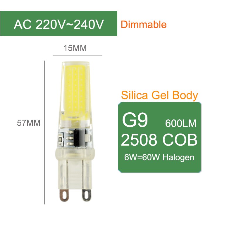 = (K) = LED COB G4 G9 E14 Dimbare Lamp AC/DC 12V 3w 5w 6W 220V LED G4 G9 Gloeilamp voor kroonluchter vervangen halogeen Lamp: G9 220V 6W Dimmable / Warm White / x1 pcs lamp