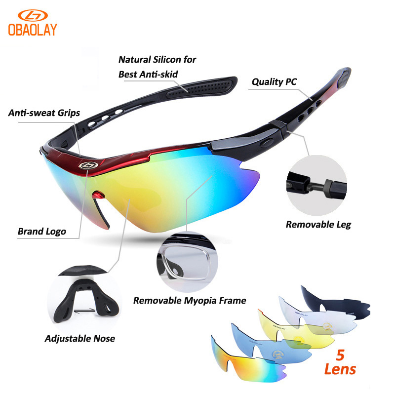 OBAOLAY Gepolariseerde Sport Mannen Zonnebril Road Fietsen Glazen Mountainbike Fiets Rijden Bescherming Goggles Eyewear 5 Lens