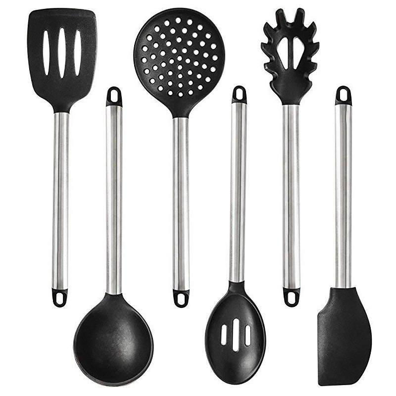 Silikon kjøkkenutstyr sett varmebestandig bakeredskap slikkepott spade suppeskje med trehåndtak non-stick kokekar: 6 stk svart