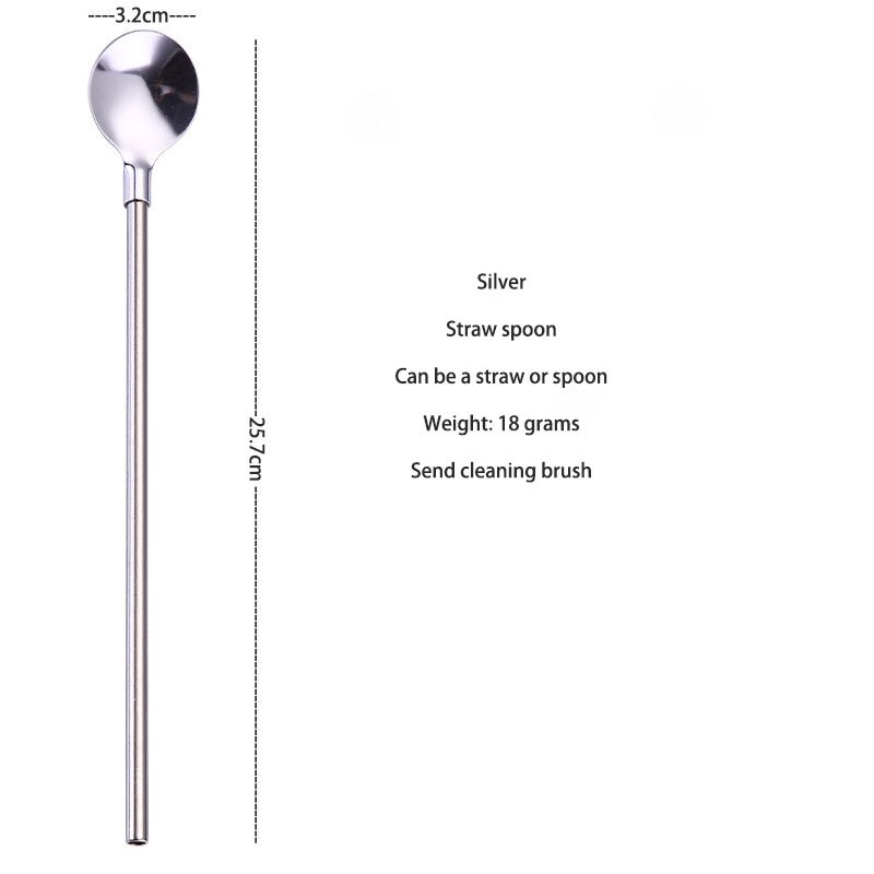 Stainless steel reusable western food straw spoon tableware dualuse dessert soup spoon cola drink straw ice spoon stirring spoon: 25.7cm silver