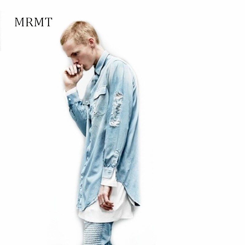 Mens Hip Hop Blue Cowboy shirts For Male Long Sleeve Streetwear Tops Men shirts Clothes Distressed Denim Man Shirts
