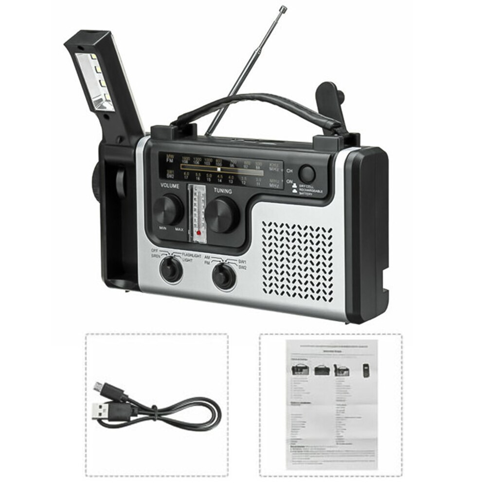 Portable Solar Powered Hand Crank Radio AM FM SW1 SW2 Multi-band Radio with Flashlight LED Reading Light Outdoor Emergency Radio