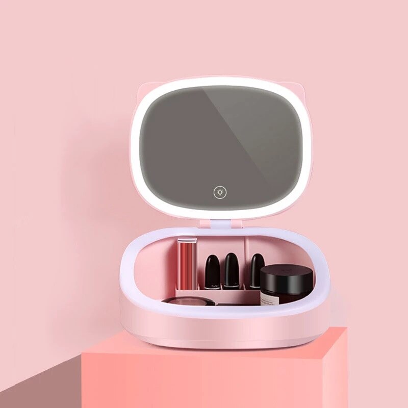 Cute Cat Ears LED Light Makeup Storage Box&amp;mirror Organizer Dormitory Table Fill Lamp Lipstick Hold Valentine's Day