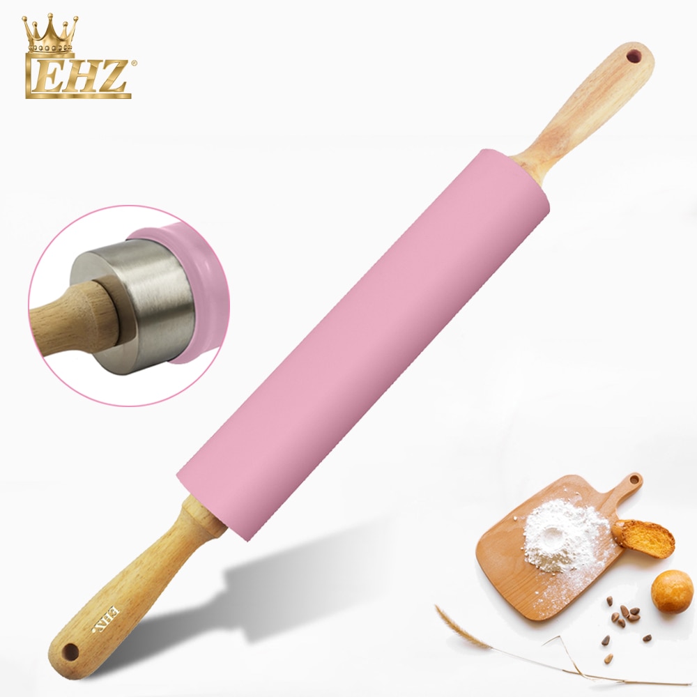 Ehz kagerulle 18.9 tommer rustfrit stål silikone rullehjul brød toast pizza dej bagning non-stick massivt træ håndtag pink