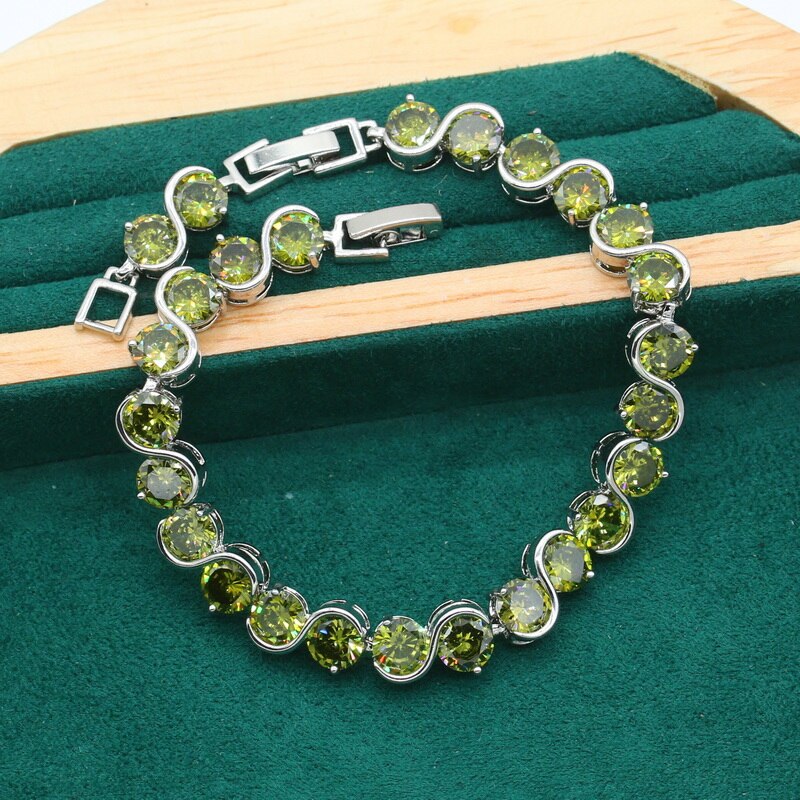 Peridoto verde 925-conjunto de joyas de plata para mujer, pulsera de boda, pendientes de aro, anillo, collar, colgante, de Navidad