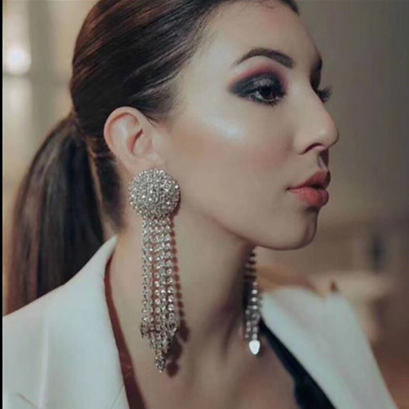 Trendy Long Circular Pendants Earrings Woman Full Rhinestone Shining Luxurious Crystal Jewelry Earrings Evening party