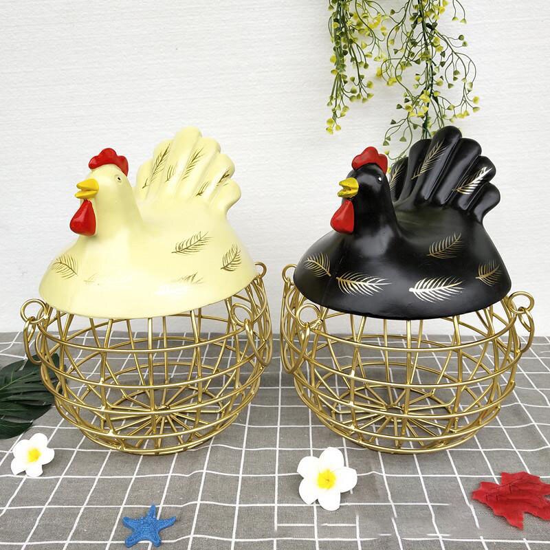 Æg frugt metal opbevaring kurv keramik med låg stor kapacitet mesh brød kurv høne ornament organizer køkken kurv