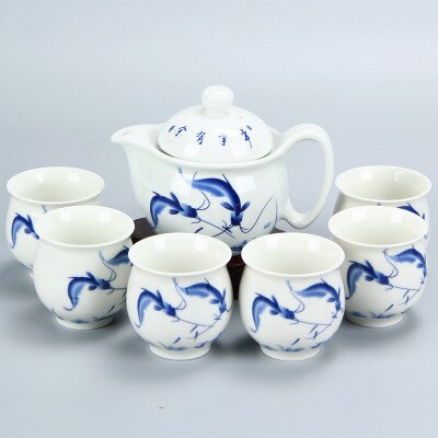 Kung fu te sæt, keramisk tekande dragt, blå og hvid porcelæn serie, anti skold dobbelt lag kop, japansk stil te sæt: D