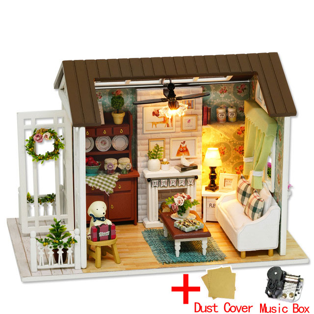 Dukkehus miniature gør-det-selv-model dukkehus med møbler amerikansk retrostil træhus håndlavet legetøj skov gange  z007 # e: Z008 med musikcover